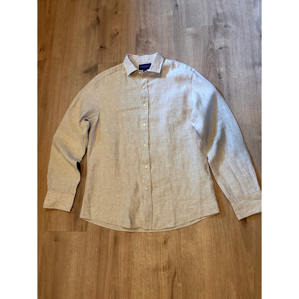 Charles Tyrwhitt Linen Shirt Medium Beige Slim Fit Long Sleeve Button Up Coastal